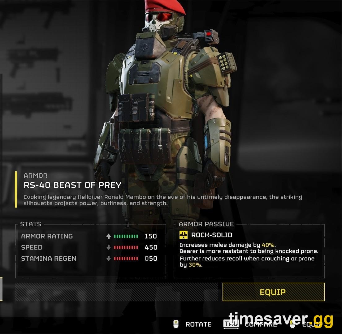 The Rock-Solid armor passive in the Helldivers 2 Armory, reducing recoil while crouching or prone