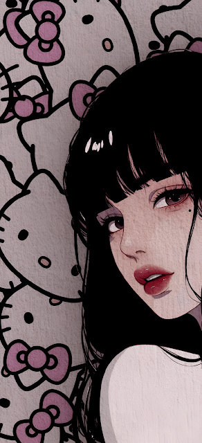 Anime Girl with Black Hair Beside Hello Kitty Pattern - Free mobile Wallpaper
