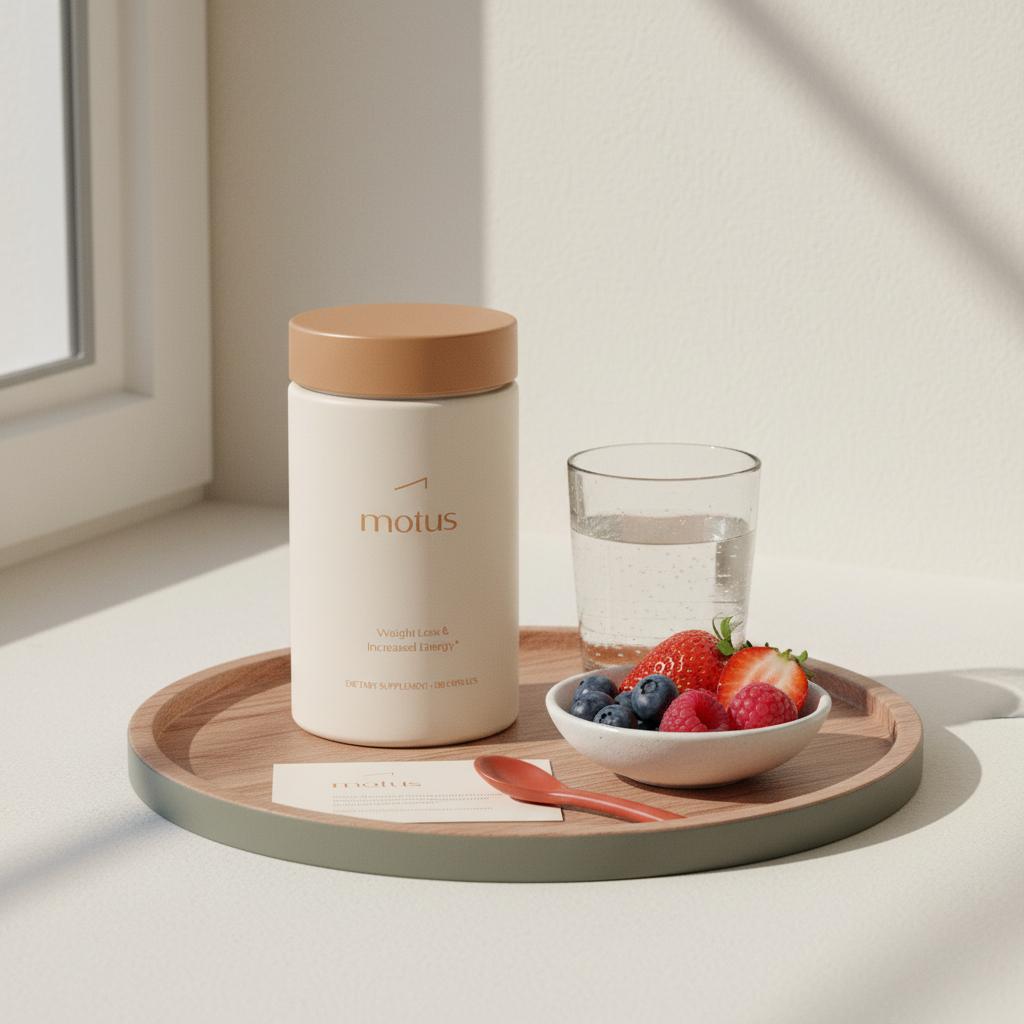 Tonum Motus supplement bottle on wooden tray with bowl of berries and a glass of water on a #F2E5D5 background, minimalist clinical lifestyle still-life — does CLA affect the heart
