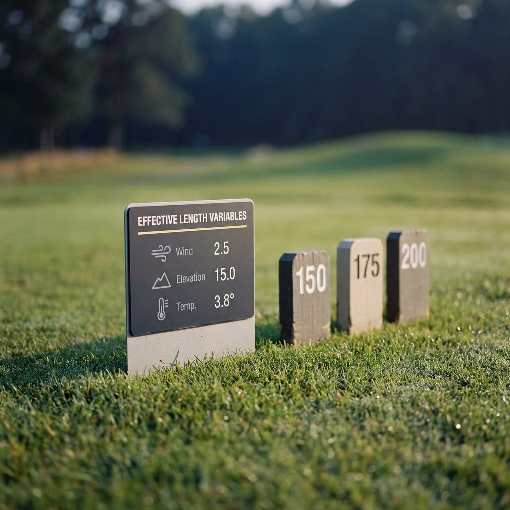 How Course Length Changes Player Advantage close up of a golf teeing ground with yardage markers and a small sign showing effective playing length variables wind and elevation on a minimalist dark branded background