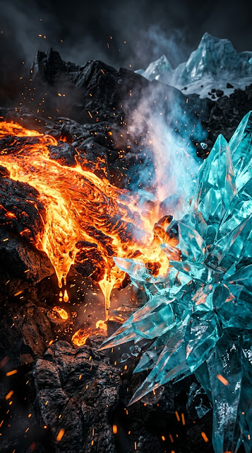 Abstract Clash of Molten Lava and Cyan Ice Textures - Free mobile Wallpaper