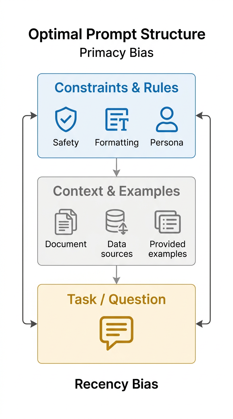 Diagram showing optimal prompt structure with constraints at top, context in middle, and task at bottom