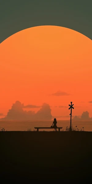 Sunset, Silhouette, Ocean, Calm 5K Wallpaper Background