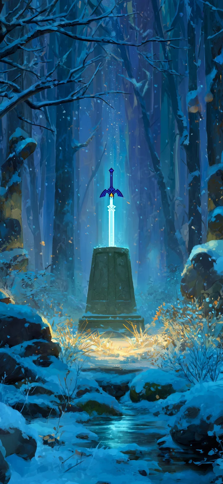Master Sword In Snowy Forest - Digital Fantasy Illustration Full HD iPhone Wallpaper (1417x3070)