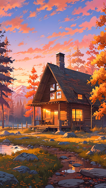 Rustic Autumn Log Cabin in Mountain Forest at Sunset - Free mobile Wallpaper