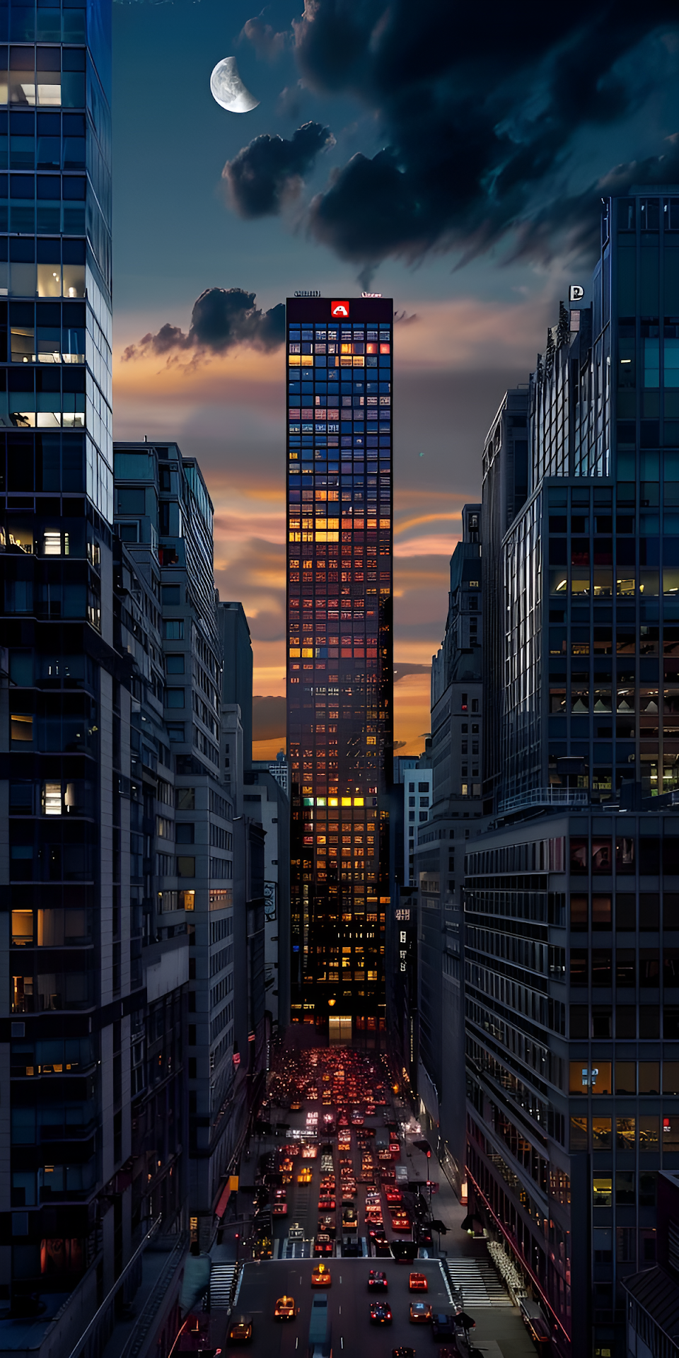 Dramatic City Skyscraper Canyon Night Traffic Moon View - Free 4K mobile Wallpaper