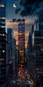 Dramatic City Skyscraper Canyon Night Traffic Moon View