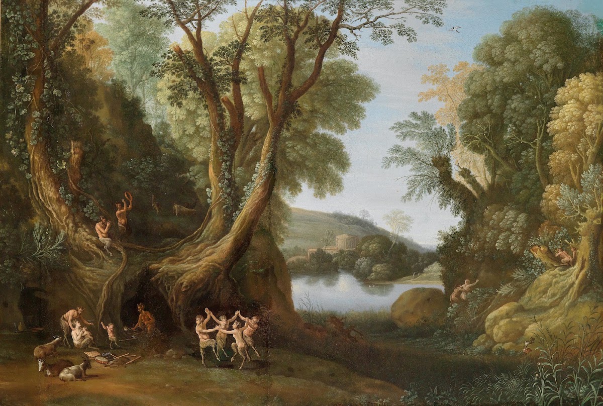 Fauns in a wooded landscape