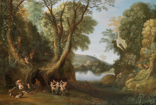 Fauns in a wooded landscape
