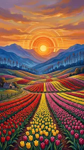 Stylized Painting of an Endless Tulip Field Under a Radiant Sunset