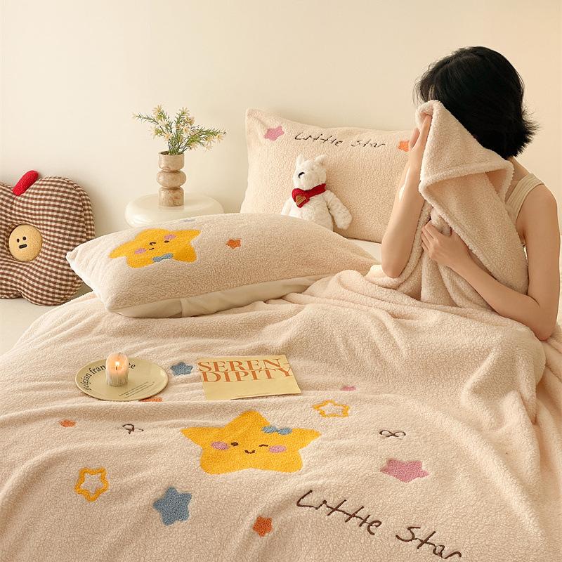 Double-sided lamb fleece blanket with cartoon print