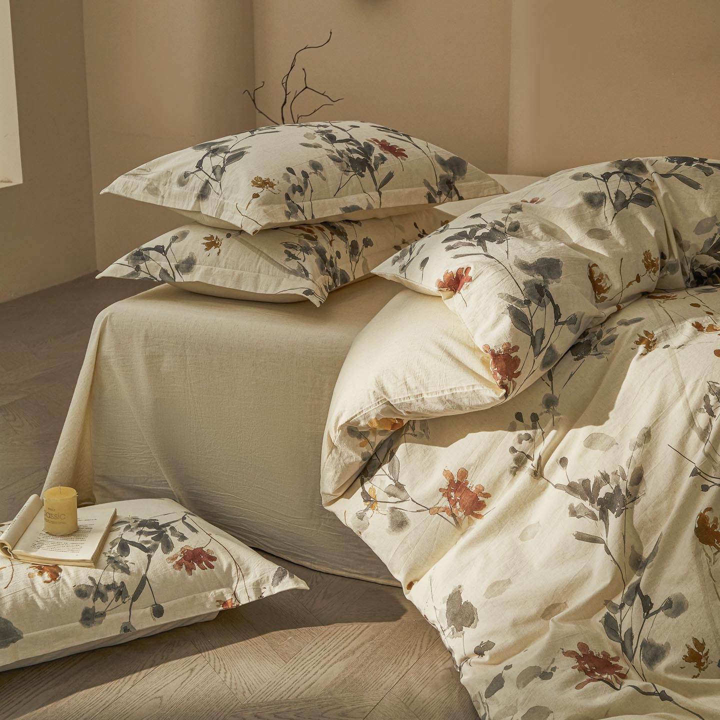 Cotton-Linen Bedding Set, Floral Pattern
