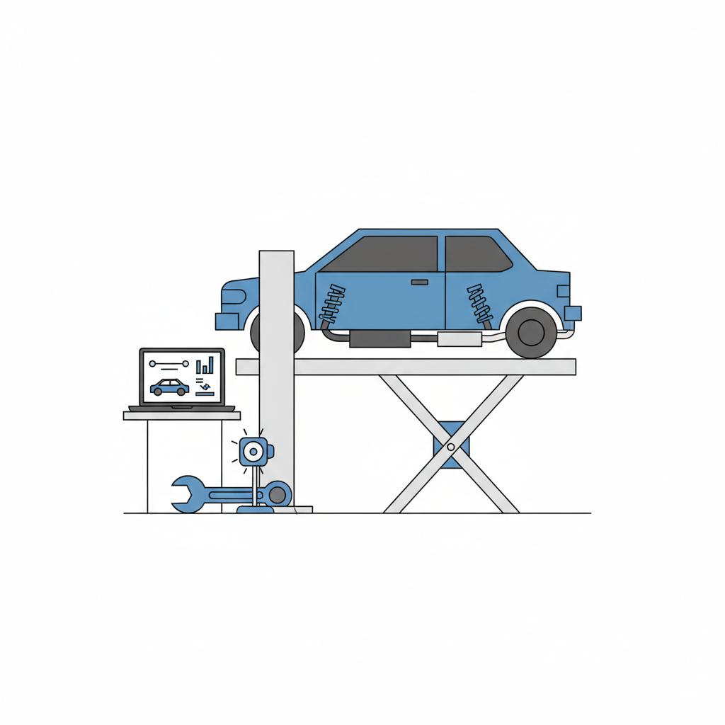 Minimal 2D vector illustration of a raised car underbody with a laptop showing vehicle history report icons representing a used toyota for sale inspection white background blue accents