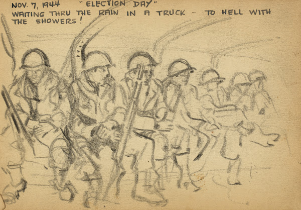 Election Day Waiting thru the rain in a truck  to hell with the showers 1944