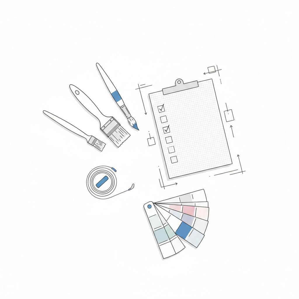 Minimalist 2D vector flatlay of paintbrushes, measuring tape, checklist sheet and color fan on white background with blue accents and charcoal strokes &mdash; painting leads