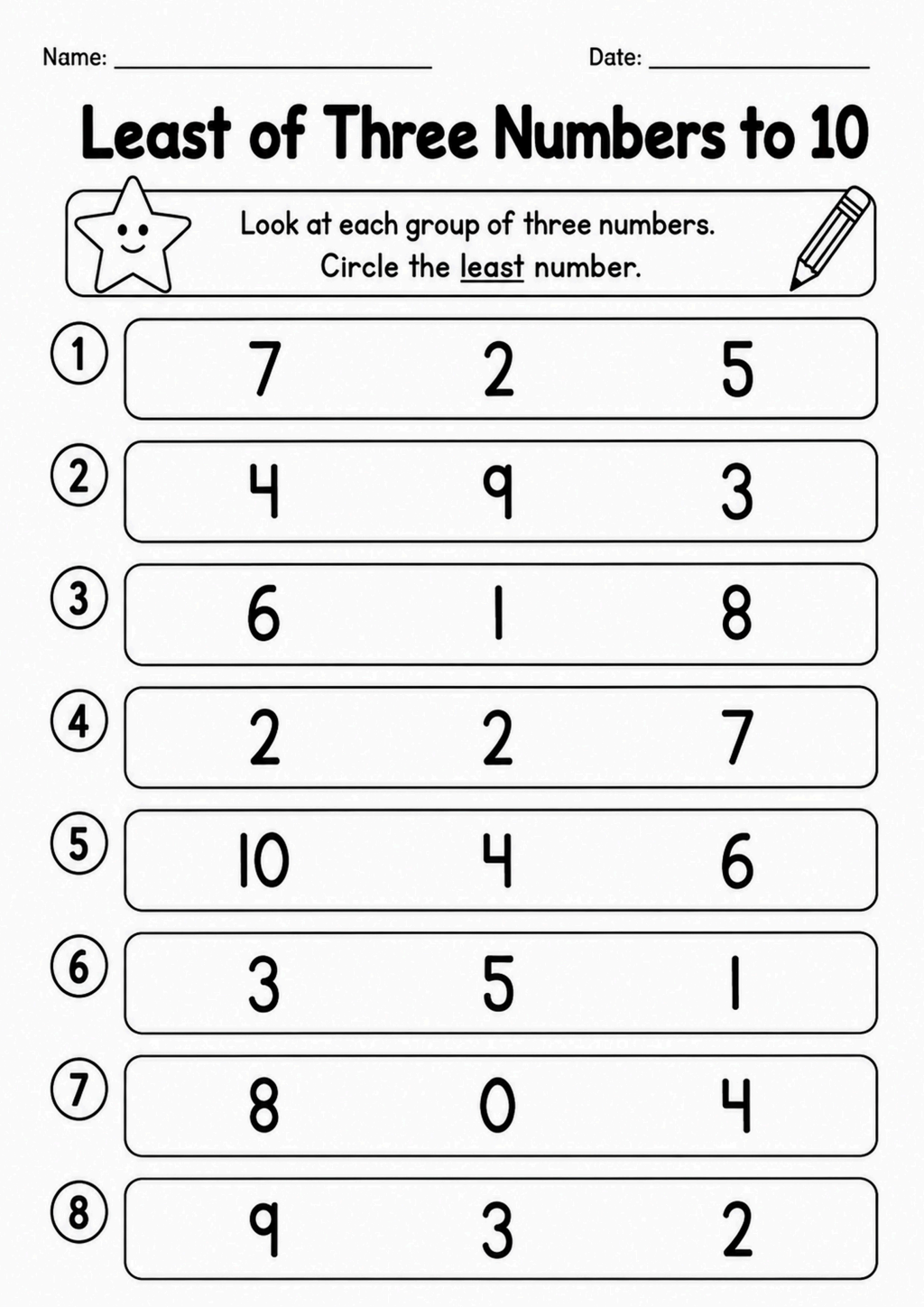 Least of Three Numbers to 10 Worksheet