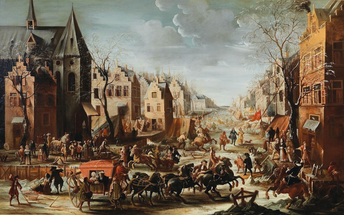 A Townscape In Winter With Carriages
