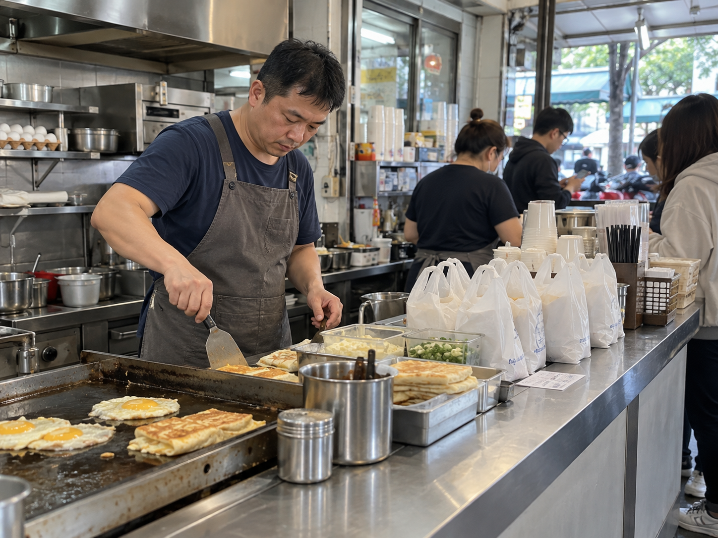 老闆與同事分工料理和整理外帶袋