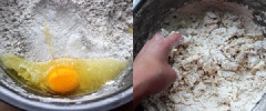 Cho bột mì, bột nở và đường vào trộn đều bằng phới sau đó đập trứng vào, nhào đều bằng tay trong khoảng 20 phút để hỗn hợp bột hòa quyện, mịn mượt.