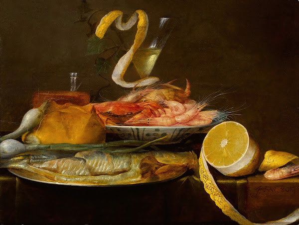 Tabletop still life including a herring on a pewter dish a porcelain bowl of shr