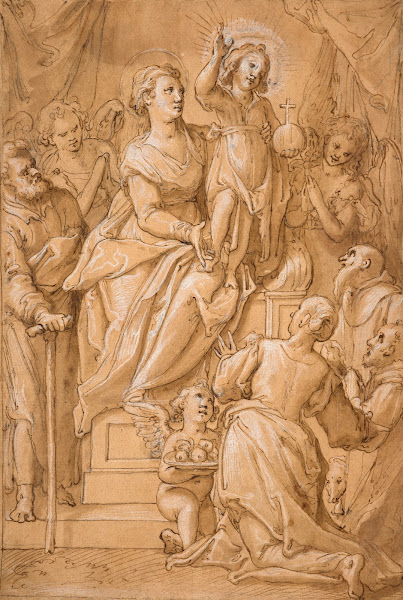 The Virgin on her throne with the Christ child savior of the world surrounded by