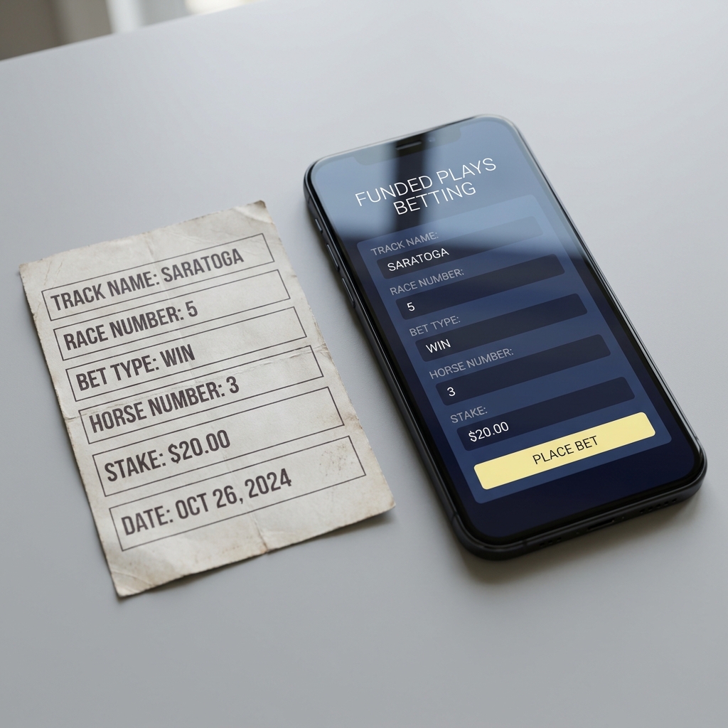 Close up of a horse racing wagering ticket beside a smartphone displaying a mobile betting interface showing track, race number, bet type, and horse number fields on a dark navy Funded Plays styled background