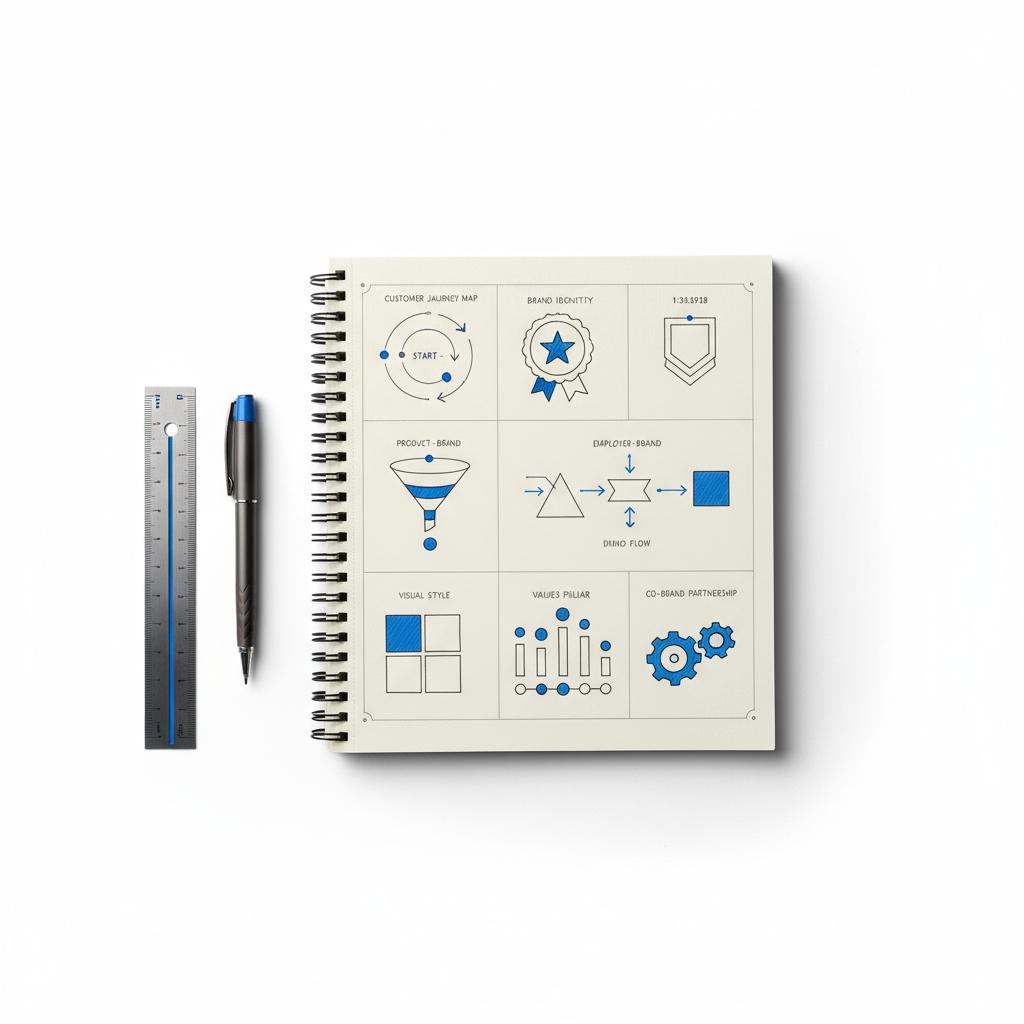 Flat-lay notebook mapping the 8 types of branding with eight hand-drawn icons and small charts, pen and ruler nearby, white background, Agency Visible colors