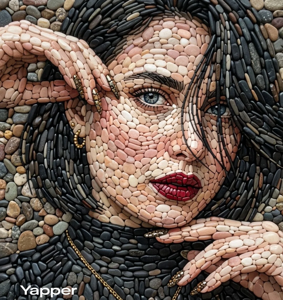 Un retrato de una hermosa mujer realizado con mosaicos de guijarros de gran detalle, donde toda la imagen está construida a partir de...