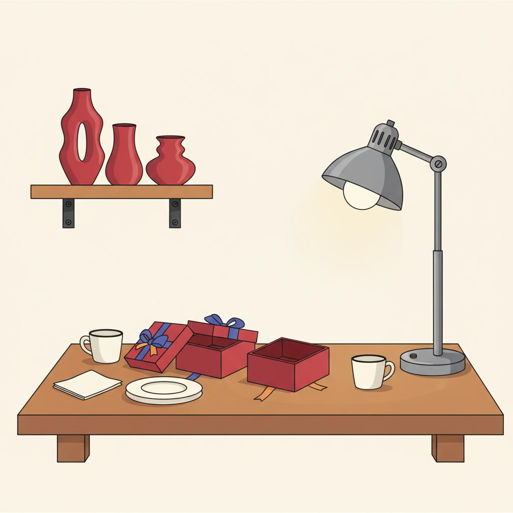 Minimalistische 2D-Vektor-Illustration einer gemütlichen Ecke mit rubinroten Dekoobjekten, offenen Geschenkboxen und industriellen Metallakzenten, rubinhochzeit geschenke