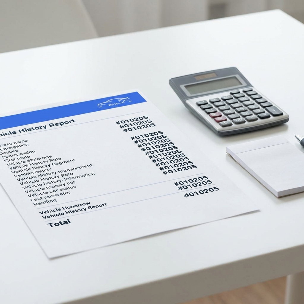Close up of VIN plate and printed vehicle history report on white table with calculator and notepad CarFax Deals blue accents subaru crosstrek for sale