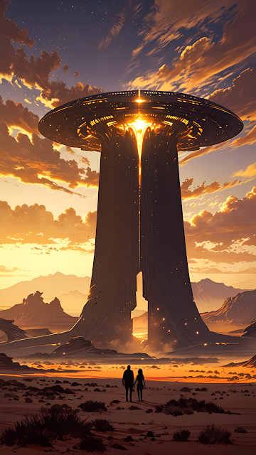 Alien Monolith Landing Site Sunset Desert Landscape Art - Free mobile Wallpaper