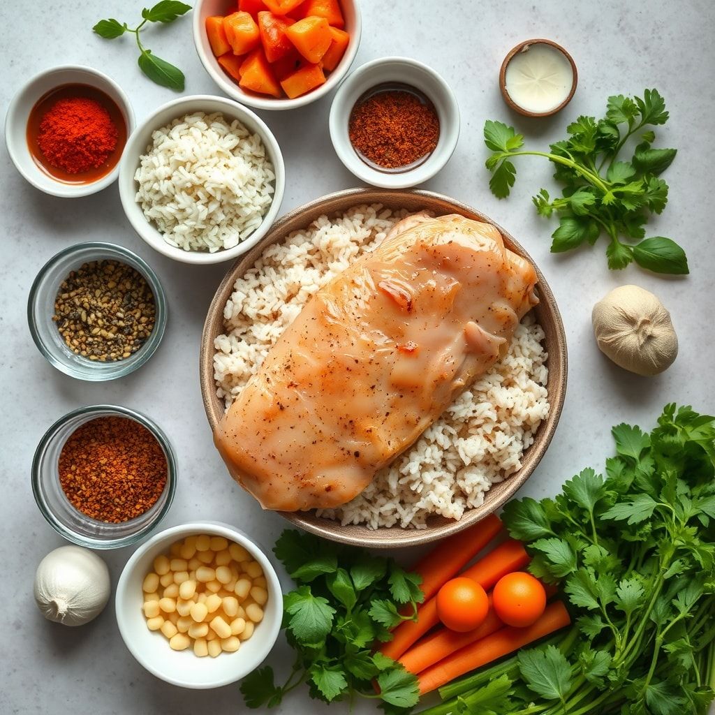Ingredients for Easy Caribbean Chicken and Rice One-Pot Dinner (Weeknight 30-Minute Meal)