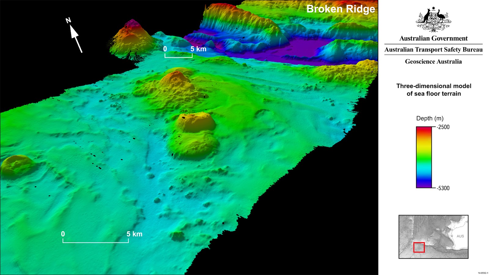 seafloor map with legends of depth, measurements and Australian Government logo