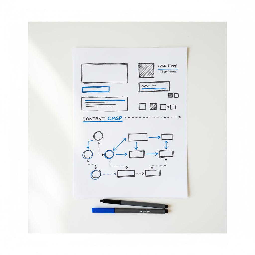 Close-up hand-drawn website wireframe sheet on a white desk showing a homepage layout, case study block and simple CMS map with pens in brand colors; website builder for professionals
