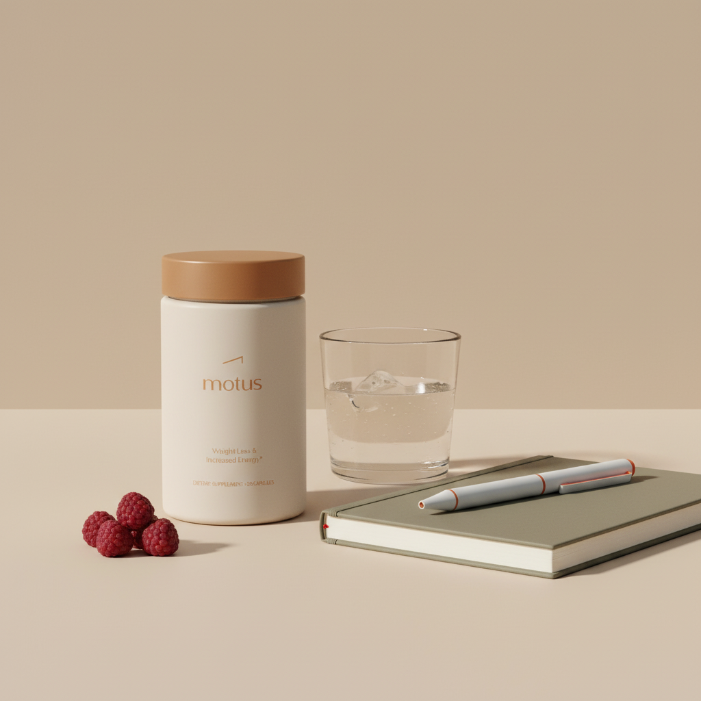 Close product photo of Motus supplement jar on beige surface with notebook, pen, glass of water and berries in a minimalist clinical layout, emphasizing the Motus label; signs of fast metabolism