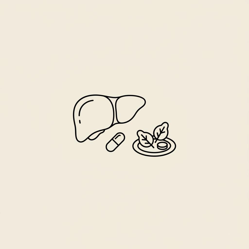 Minimal Tonum-style line illustration of a liver, capsule and vegetable plate on beige background, symbolizing diet, supplements and metabolic fatty liver disease.