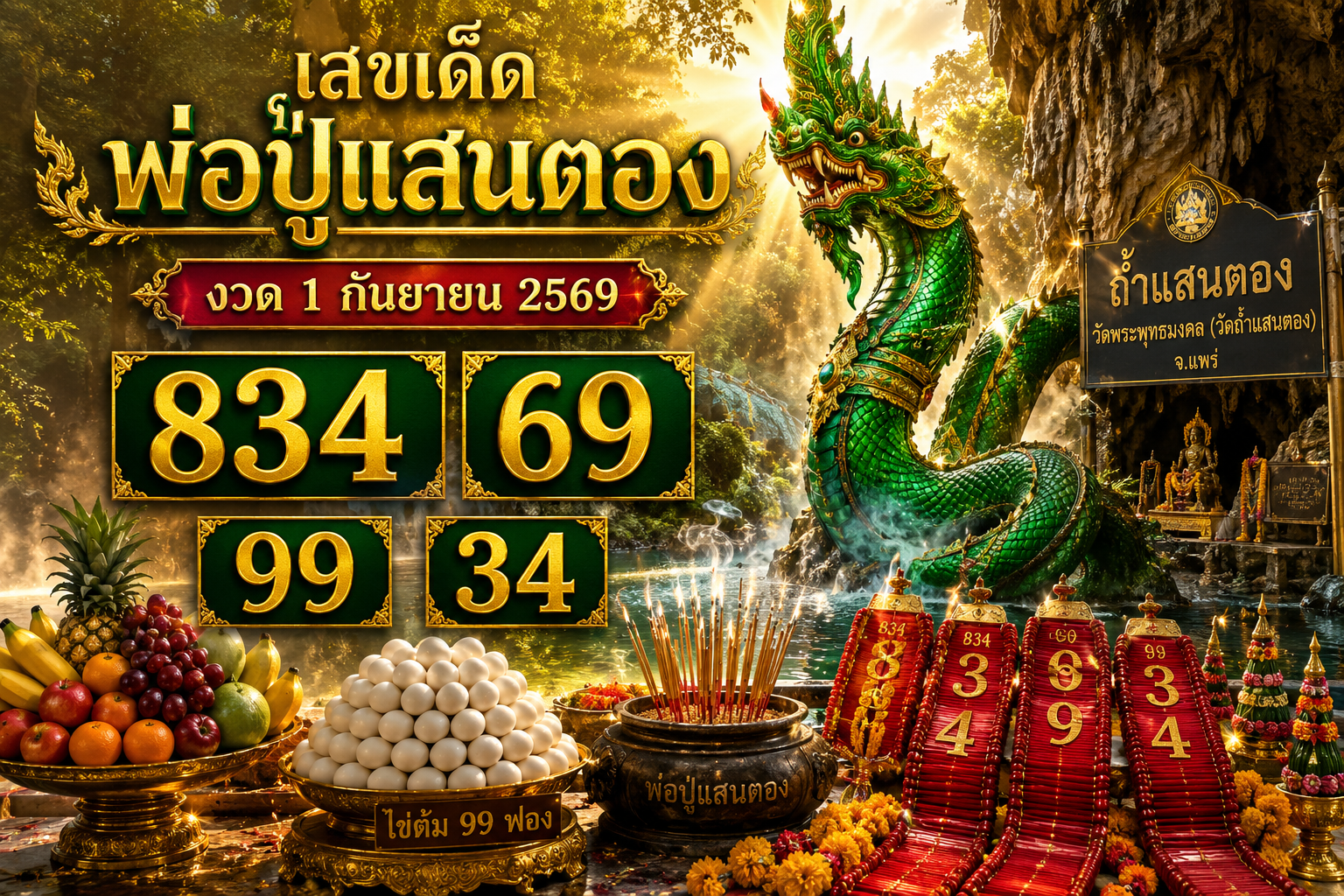 เลขเด็ดพ่อปู่แสนตอง งวด 1 กันยายน 2569 ส่องเลขหางประทัดบวงสรวงพญานาค ถ้ำน้ำแสนตอง จ.แพร่
