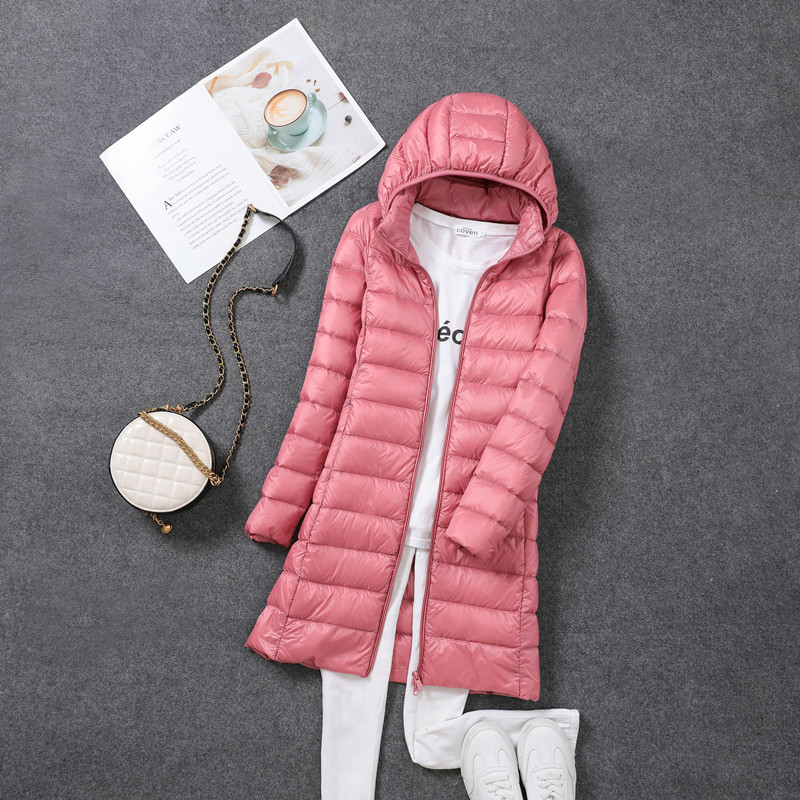 Women's down coat, mid-length, with detachable hood