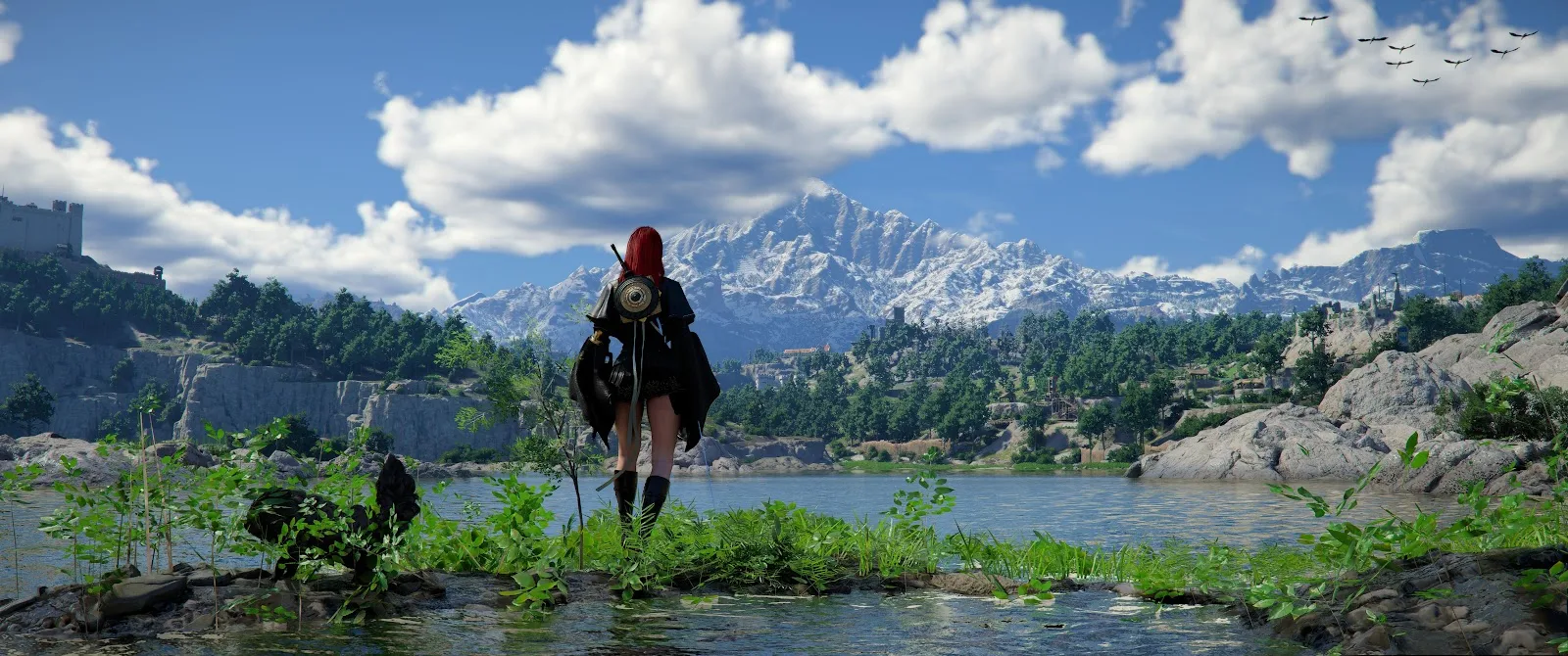 Fantasy Warrior Overlooking Scenic Lake - Digital Game Art 4K Wallpaper (5160x2160)