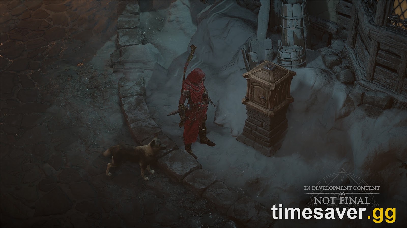 Diablo 4 Season 15 PTR — Rogue character standing next to the new Horadric Post mailbox in a snowy environment (In Development Content, Not Final)