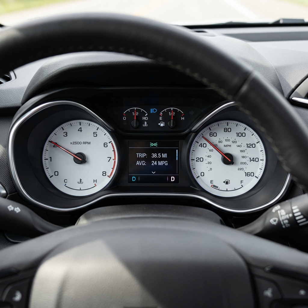 Close up full frame view of trail blazer chevy dashboard and instrument cluster during a test drive showing normal gauges digital display and indicator lights