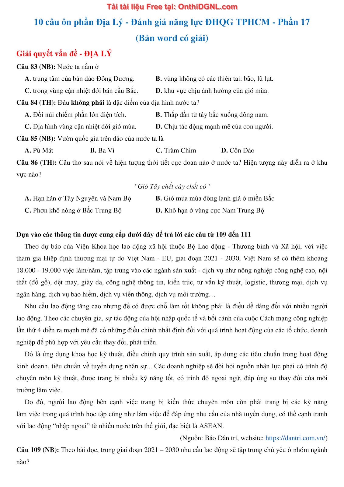 250 bài tập môn Địa Lý - Ôn thi ĐGNL ĐHQG TP HCM Phần 17