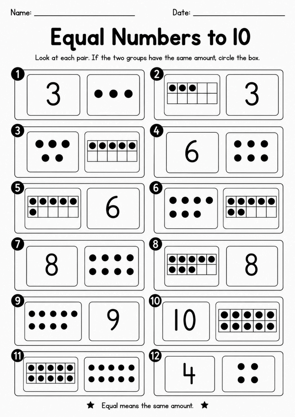 Equal Numbers to 10 Worksheet