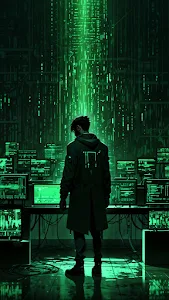 Hacker in Green Glow Facing Digital Waterfall