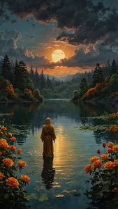 Hooded Figure in Lake at Sunset with Orange Roses