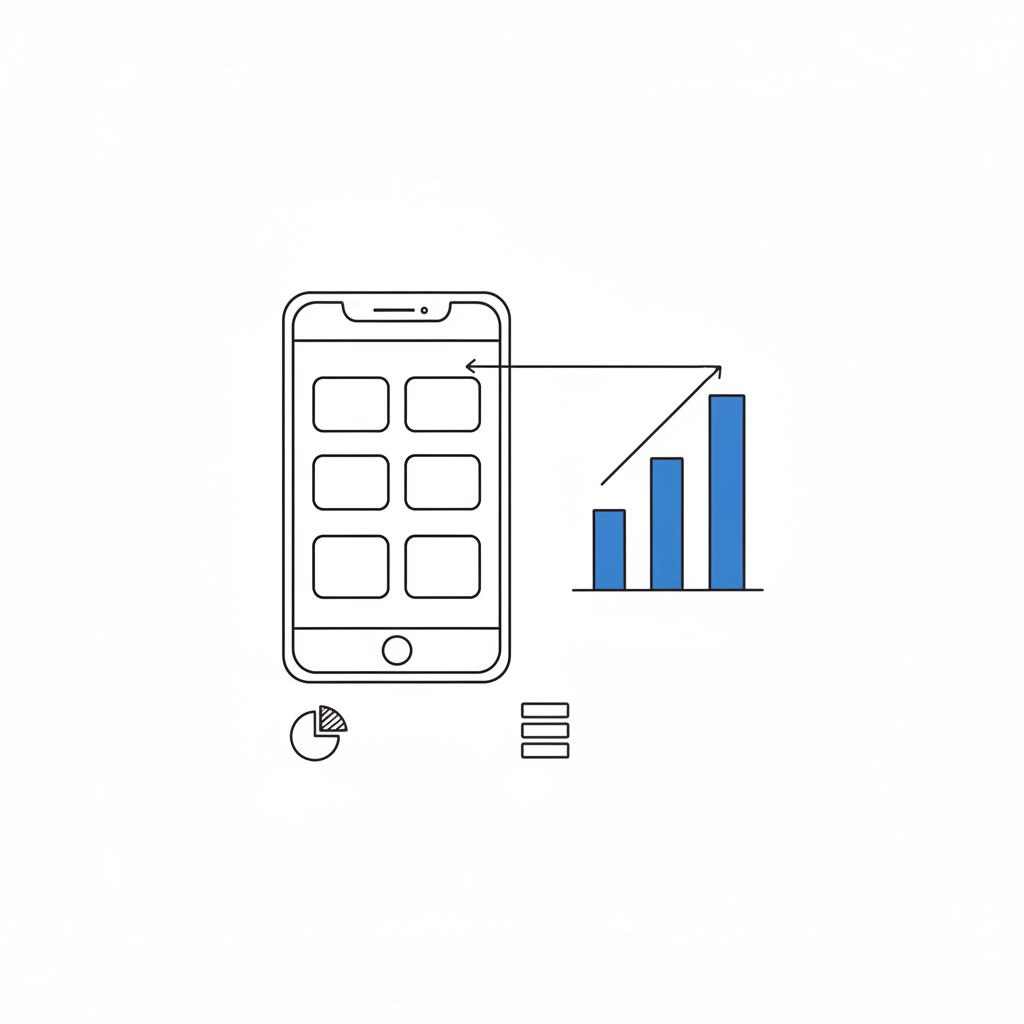 Minimal vector illustration of a phone screen with ad placement thumbnails and a blue bar chart in notebook-style sketches on white background &mdash; X ads CPM