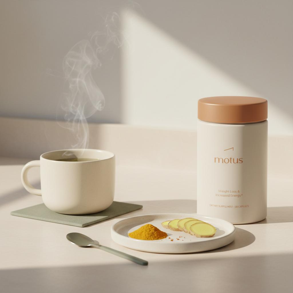 Minimalist kitchen counter with steaming green tea, turmeric and ginger on a small plate and a Tonum Motus supplement jar subtly placed to the right — herbs for belly fat.