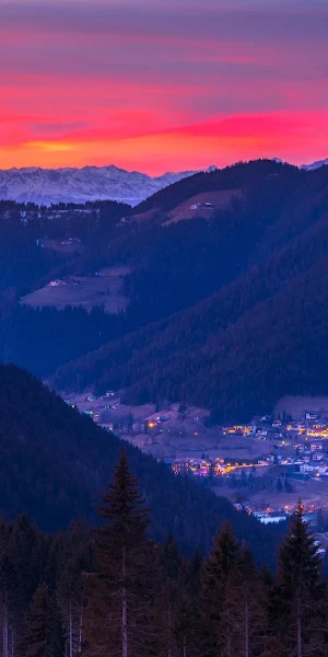 Mountain Landscape, Alpine Village, Sunrise View, Dusk Scenery 5K Wallpaper Background