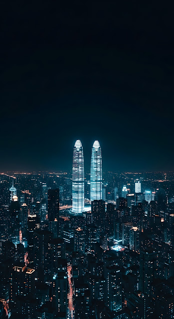 Neon Blue Cityscape with Illuminated Twin Towers - Free mobile Wallpaper