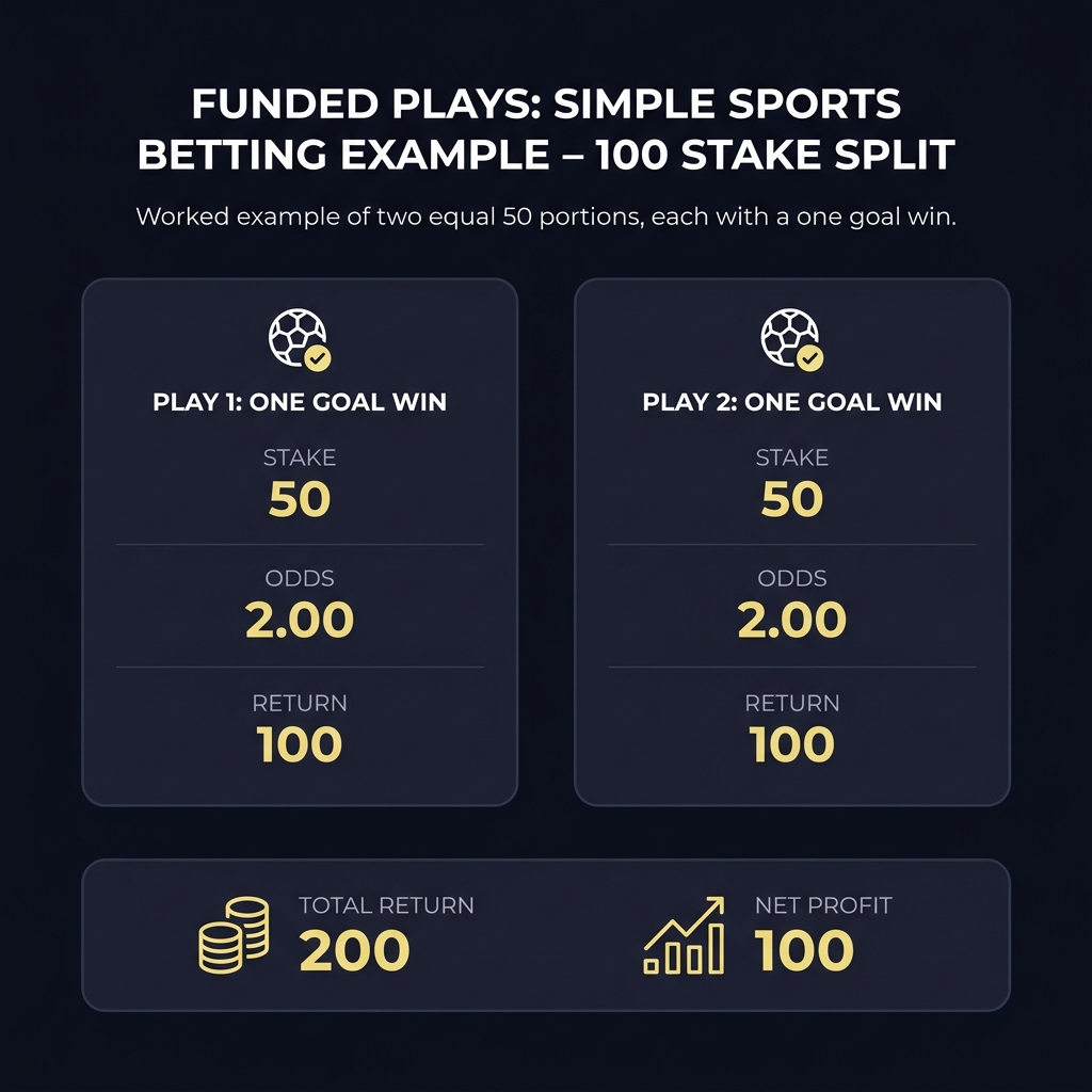 Minimalist infographic showing 100 stake split into two 50 portions with returns for a one goal win example odds 2.00 each total return 200 in Funded Plays brand colors asian handicap soccer
